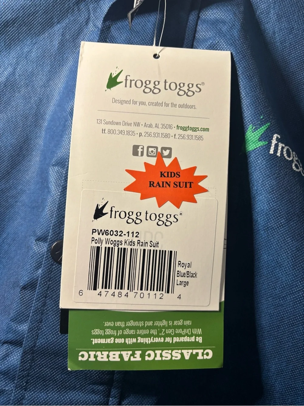 NEW Frog Toggs Polly Woggs 2-Piece Rain Jacket Suit Youth Large Blue/Black